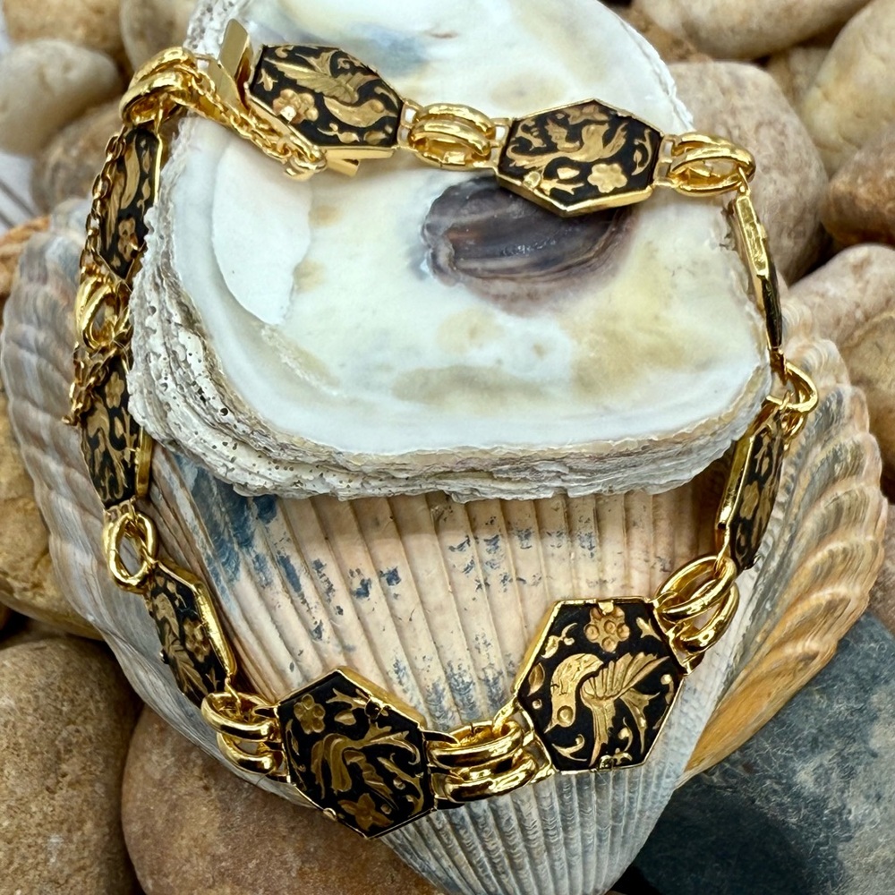 Vintage Toledo Damascene Spain Bird Floral Gold Black Bracelet 7.75”–8” - Picture 9 of 17